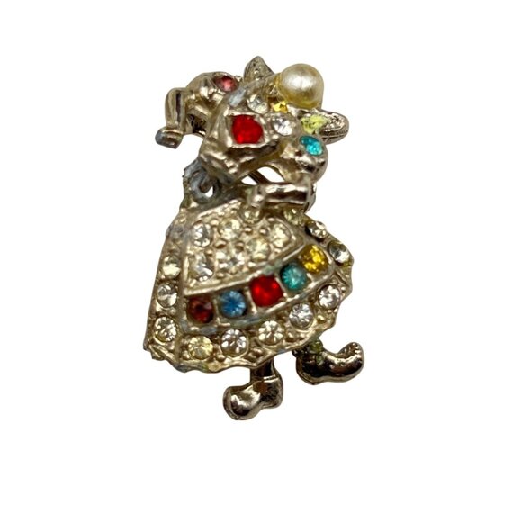 Vintage Articulated Rhinestone Folk Girl Brooch Clogs Figural 1950s Faux Pearl - Picture 2 of 13